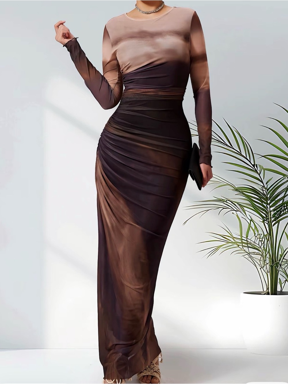 Elegant Brown Ombre Long Sleeve Ruched Maxi Dress NWOT